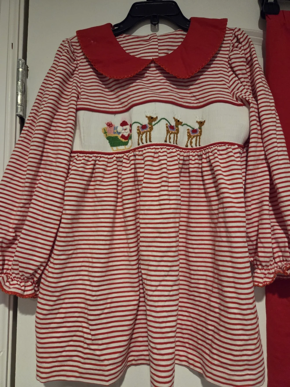 Stitchy Fish Red Striped Girls Set with Reindeer Smocking